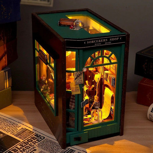 DIY Book Nook Insert Shelf Kit, Wooden Miniature Sorcerer's Shop Model, Magic Diary Casa Bookend Bookshelf Decor Gift