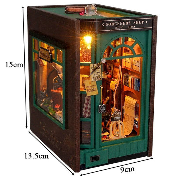 DIY Book Nook Insert Shelf Kit, Wooden Miniature Sorcerer's Shop Model, Magic Diary Casa Bookend Bookshelf Decor Gift