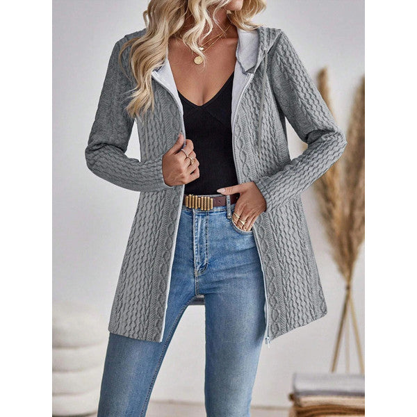 Womens Solid Color Hooded Zip Sweatshirt Casual Loose Fit Jacket